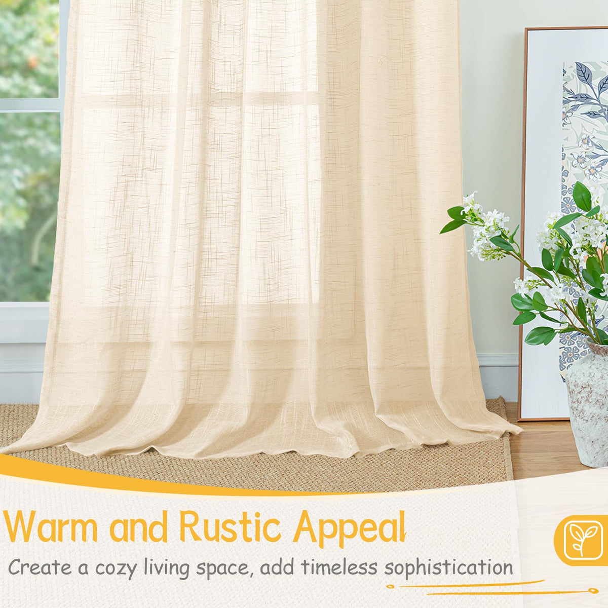 Linen Semi Sheer Curtains 63 Inch Length Cream Beige Drapes (2 Count)