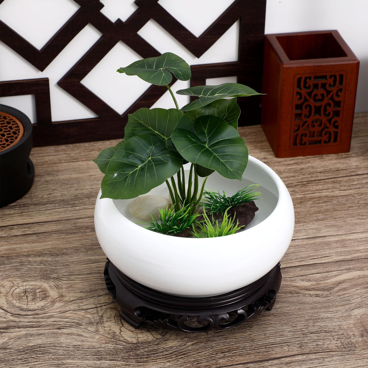 Kisangel Ceramic Lotus Bowl Planter, Hydroponic Water Lily Bowl with Plastic Base, No Holes Round Flower Succulent Planter Pot for Indoor