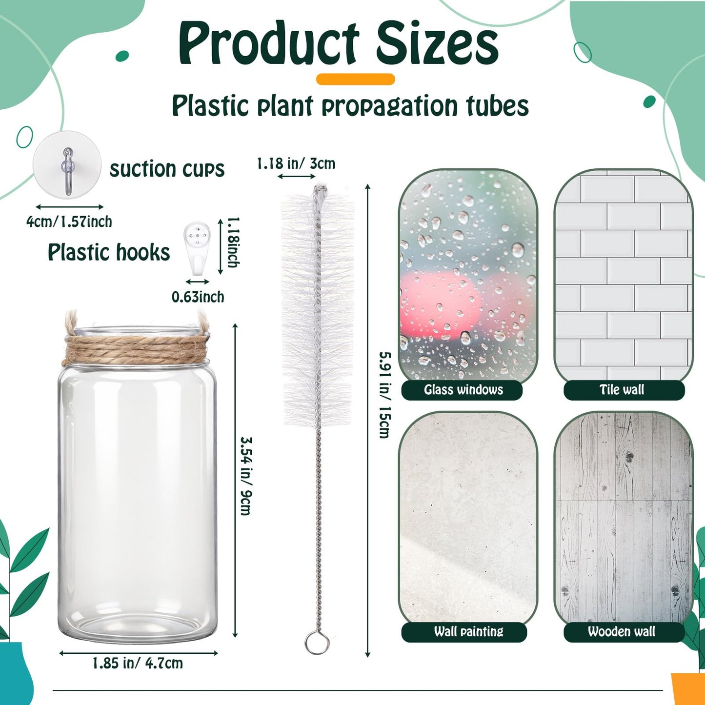Baderke 9 Sets Window Hanging Propagation Stations 3.54'' Plastic Propagation Vases with Suction Cup & Traceless Nail, Propagated Plant Holder Wall Jars for Office Home Garden Decoration Lover Gift