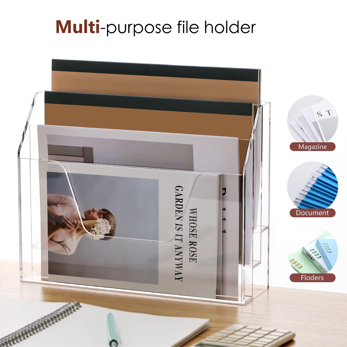 DINGHUO Acrylic Hanging Wall File Folder Organizer for Desk, Clear 3 Tier Document Paper Magazine Holder for Home, Office Organization, School - 1 Pack