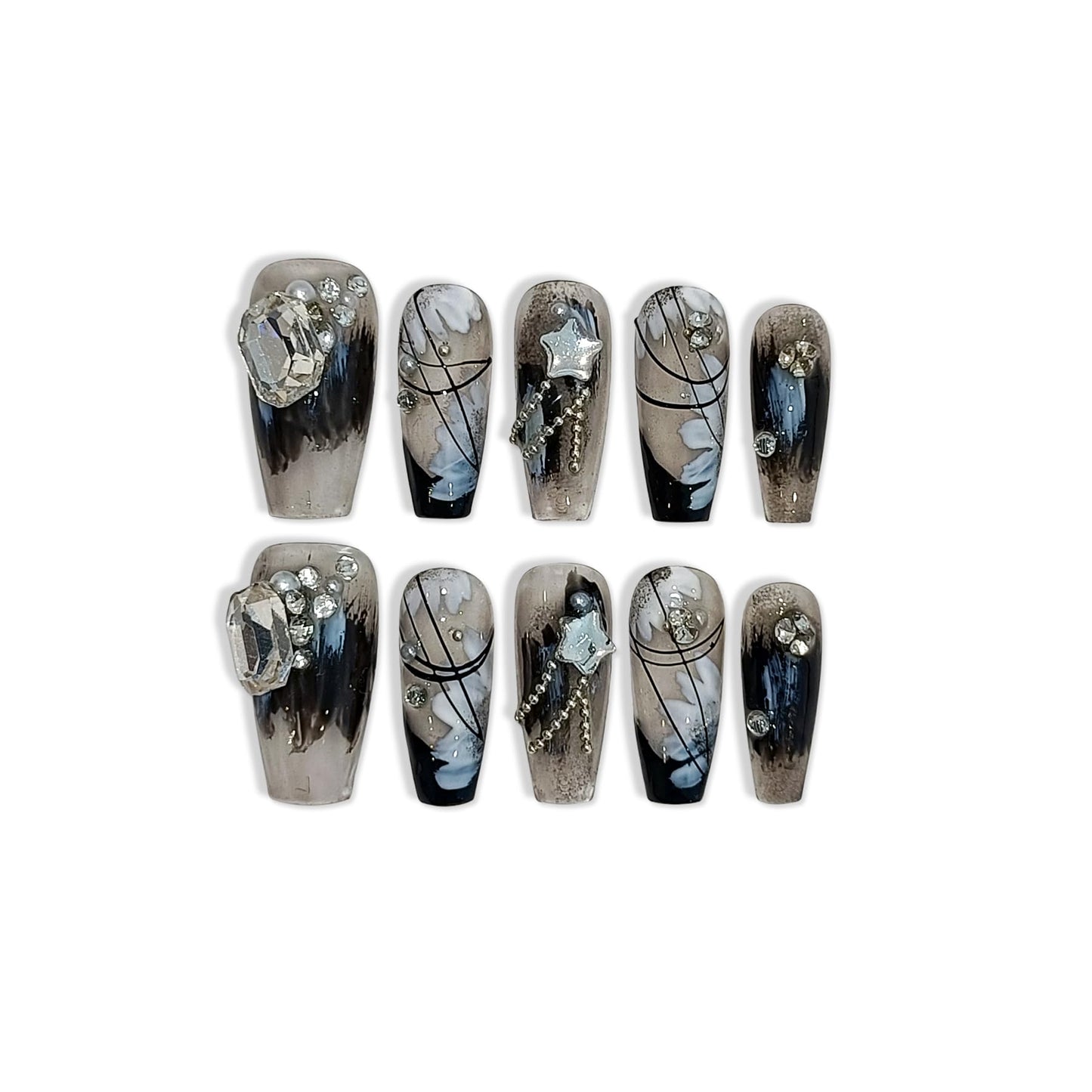 TENPAL 10PCS Gothic Coffin Press on Nails with Tools Kit - Black French Tips Fake Nails with Oriental Chain & Crystal Design | Dark Rebel Glue on Nails Medium | Icy Dark Elegant Chinese Style Nails(S)