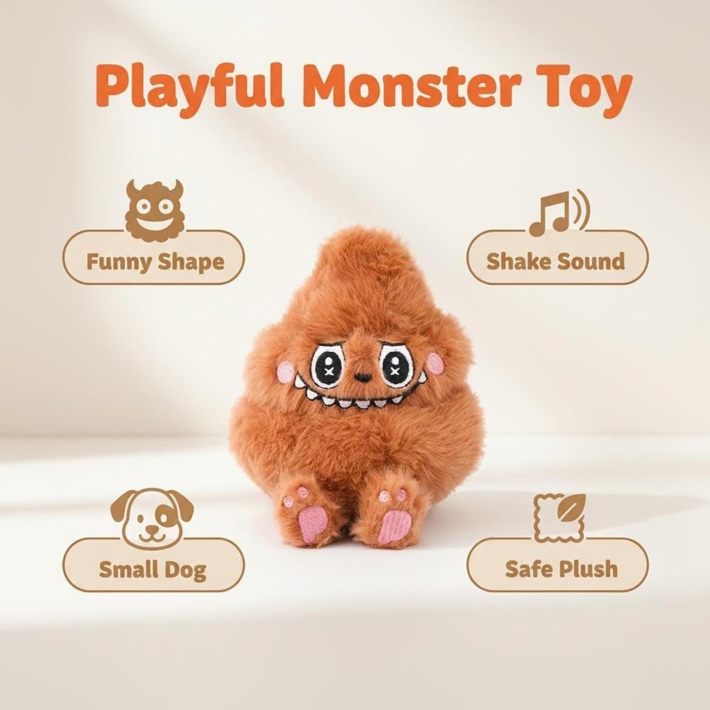 jaycos Funny Brown Monster Plush Dog Toy - 4.5" Interactive Shaking Sound Pet Toy, Durable Soft Stuffed Animal with Detachable Keychain Hook for Small Dogs & Puppies