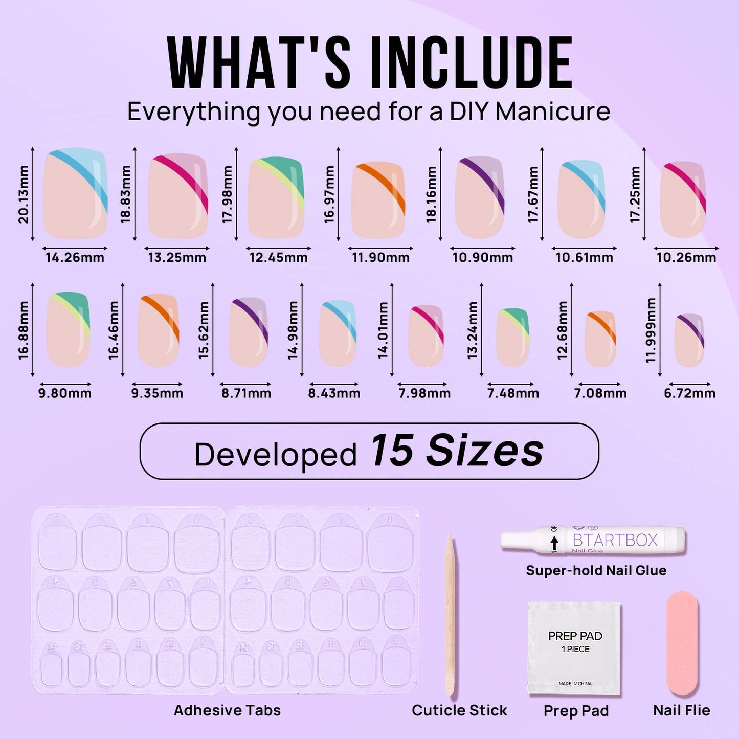 BTArtbox Short Press On Nails - Soft Gel French Tip Press On Nails, Supremely Fit & Natural Square Glue On Nails with Nail Glue, Reusable Stick On Nails in 15 Sizes, Pastel Curves