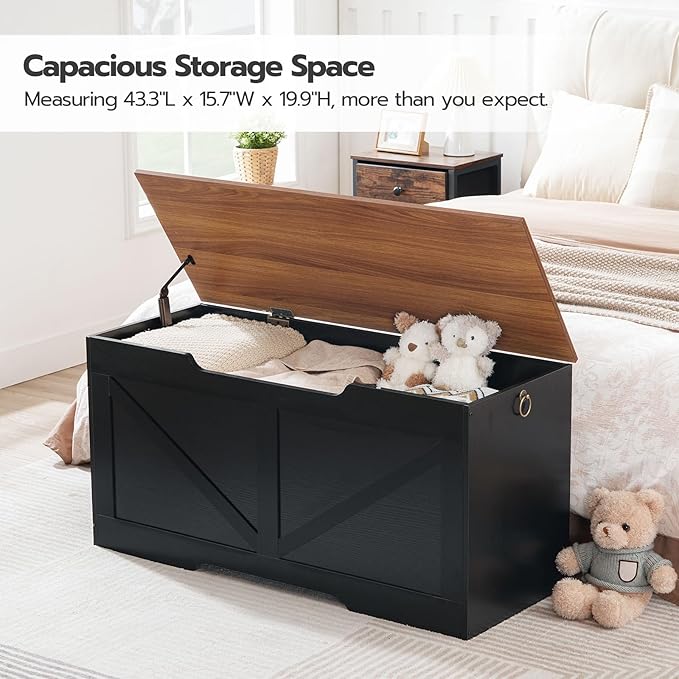 HOOBRO Storage Bench, 39.4" Retro Wooden Storage Chest with U-Shaped Cut-Out Pull, Safety Hinge, Supports 220 lb and Easy Assembly for Toy Box Organizer (Black and Walnut) BH771CW01