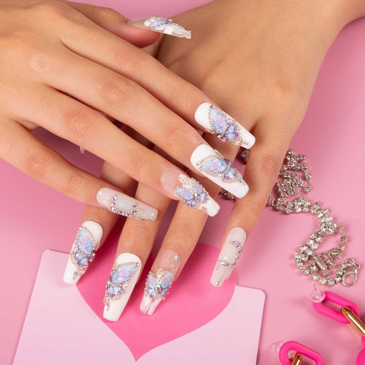 LOVFUL Press on Nails Holly Blue | Handmade with Full Covered Crystals | Reusable Fake Nails | Coffin Classic Regular 1.3 in | H23-S