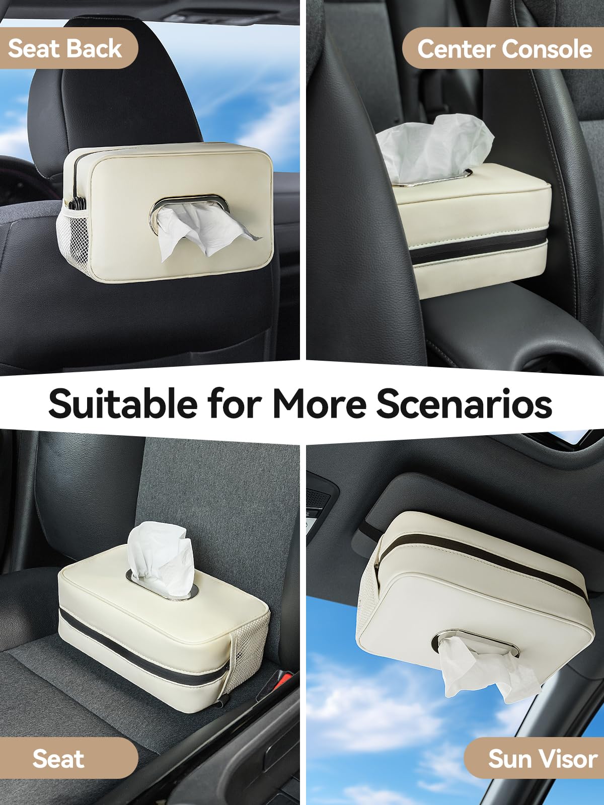 2 Pack Multi-Functional Car Tissue Holder with ‌2 Tuck Nets, Upgraded PU Leather Tissue Box Cover, Large Rectangle Napkin Storage Organizer, Keep Car Tidy, Beige
