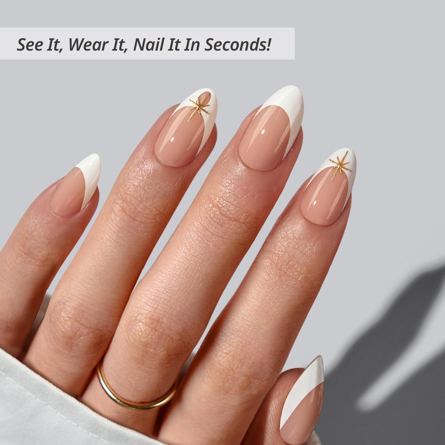 BTArtbox Press On Nails Short - Starlight Frost, 3D Gold French Tip Press On Nails with Glue and Adhesive Tabs for Women in 16 Sizes - 32 Soft Gel Glue On Nails Kit