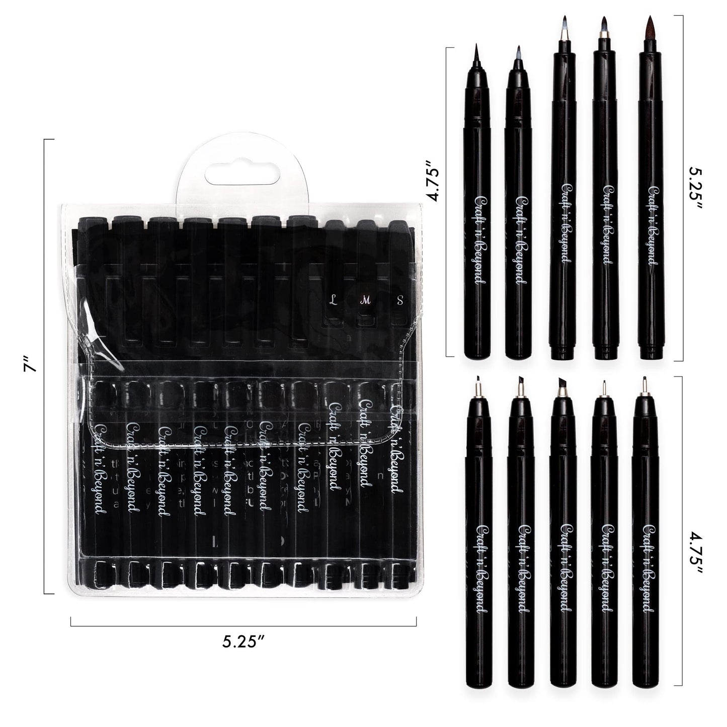 Craft 'n' Beyond Calligraphy Brush Pens Pack of 10 Markers for Hand Lettering, Art Drawing, Sketching, Scrapbooking, Writing, Journaling tip - Beginner Kit with Fadeproof Black Ink