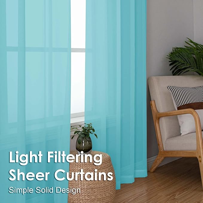 OVZME Sheer Curtains 63 inch Length 2 Panels Set for Bedroom Living Room, Soft Airy Elegant Light Filtering Sheer Curtains, Dual Rod Pocket Window Drapes, Each 42W x 63L Inches, Aqua