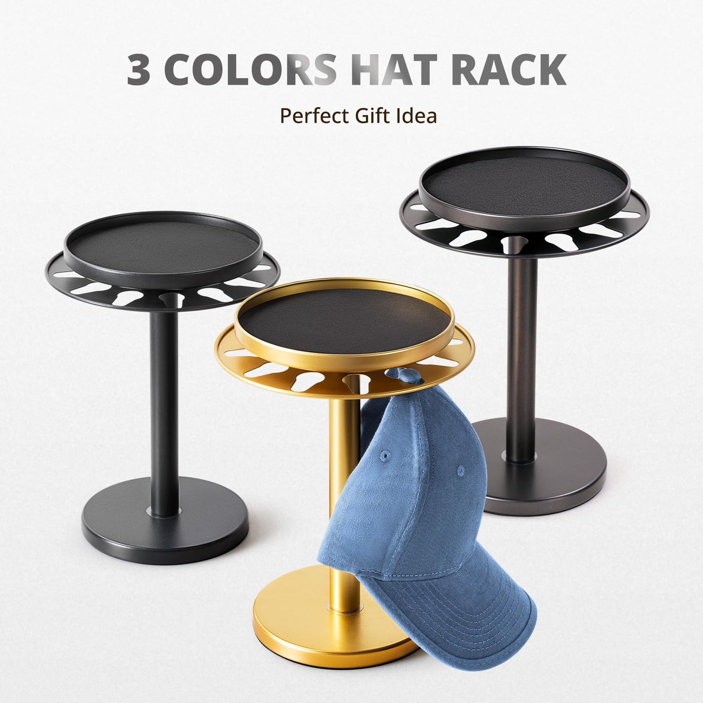 kondyfayo 360° Rotating Hat Organizer for Baseball Caps, Stainless Steel Hat Rack Holder with Top Storage Tray for Small Essentials, Ball Cap Storage Organizer for Closet, Entryway, Display (M-Black)
