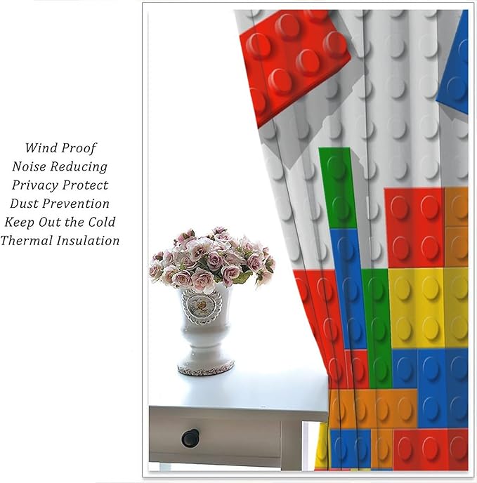 Building Blocks Toy Curtain Rod Pocket Children's Nursery Abstract Outline Colorful Plastic Toy Brick Geometric Print Pattern Curtain Boys Girls Bedroom Playroom 2 Panels 84x84in