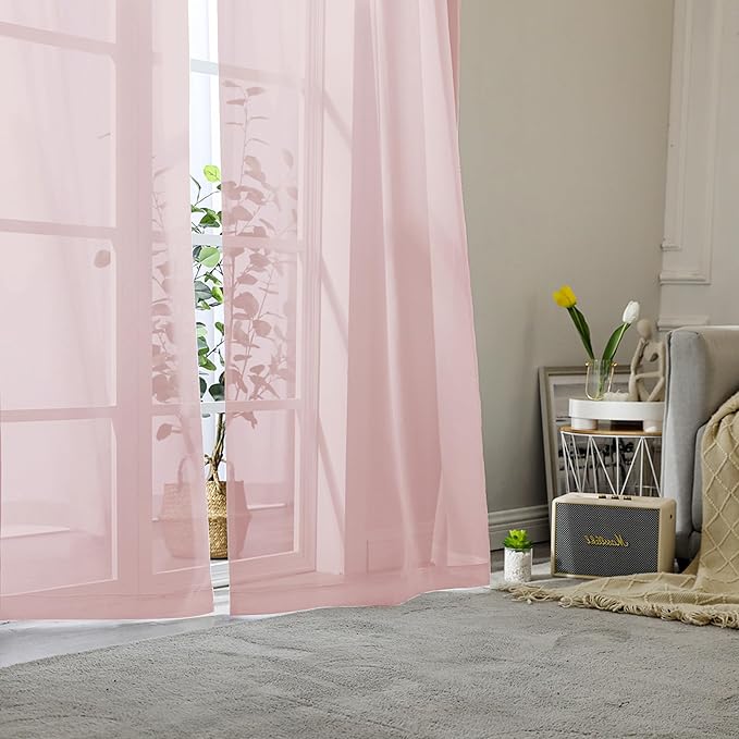 Lecloud Blush Pink Sheer Curtains 90 Inches Long 2 Panels, Modern Airy Voile Solid Curtains, Transparent Aesthetic Windows Decor Drape with Rod Pocket for Bedroom Living Room, Each 42" W x 90" L
