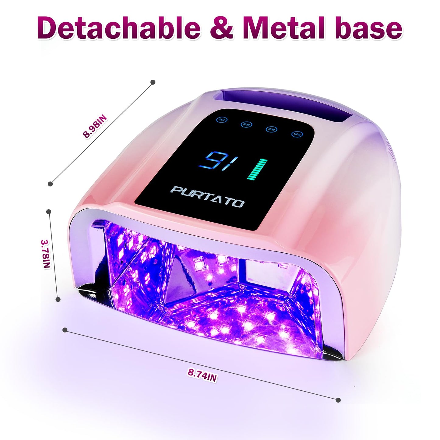 PURTATO Professional Rechargeable 96W UV LED Portable Cordless UV Light for Nail Lamp Machine with Removable Stainless Steel Bottom,4 Timer Setting and Smart Sensor Nail Dryer (Purple&Pink)