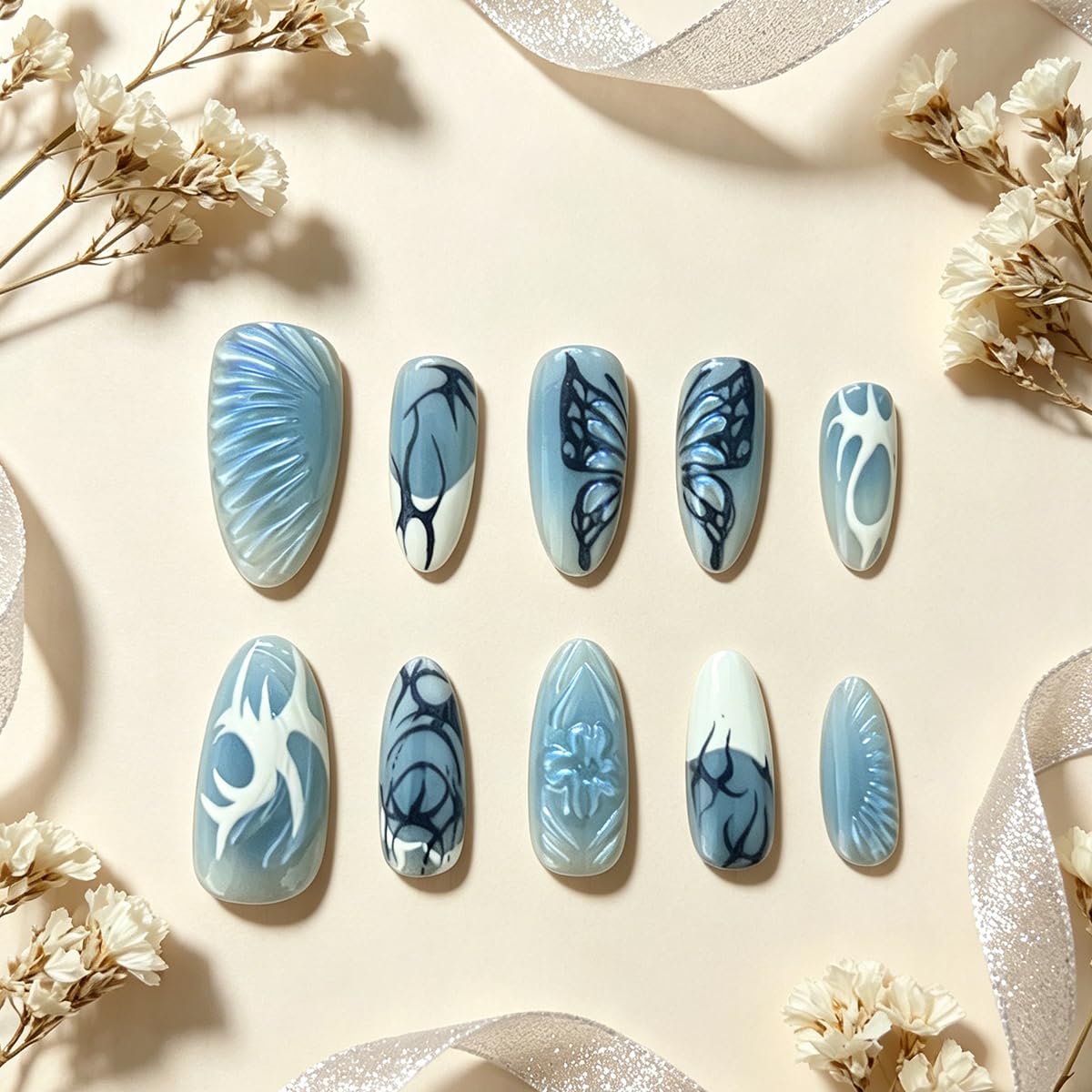 3D Press On Nails Almond Medium Light Blue Fake Nails with Embossed Butterfly Wings Flower French Designs, Acrylic Artificial Nail Press ons False Stick On Nails for Women Girls 30Pcs