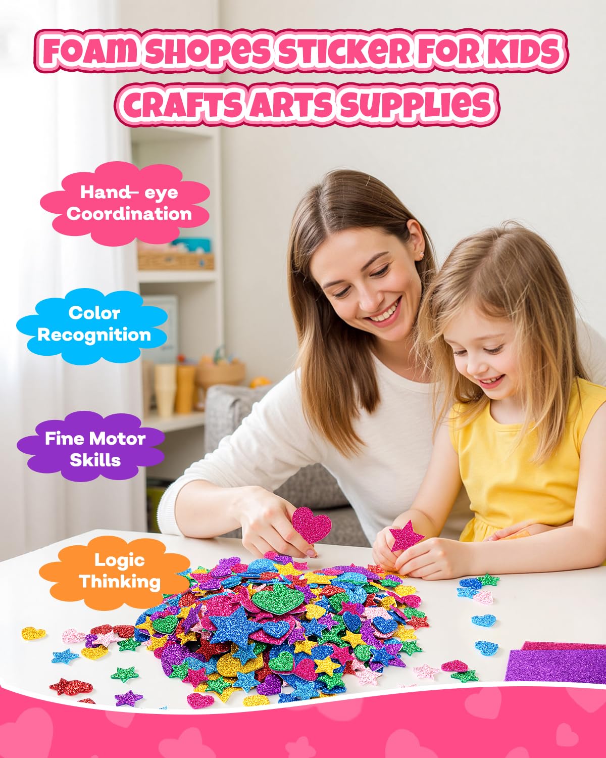 1024PCS Glitter Foam Stickers for Kids - Self-Adhesive Heart & Star Shapes, Sparkle Craft Stickers for DIY Greeting Cards, Scrapbooking, Home Decor, Envelopes & Children's Art Projects