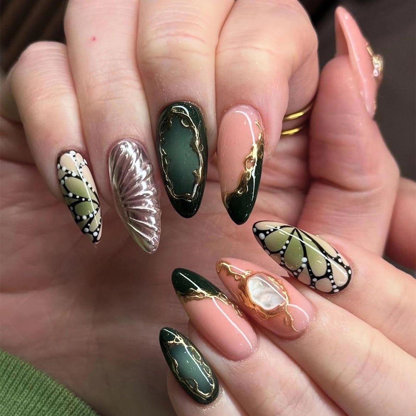 MISUD Press on Nails - Medium Almond Fake Nails with Green Butterfly, Acrylic Gold Chrome Design 24 pcs