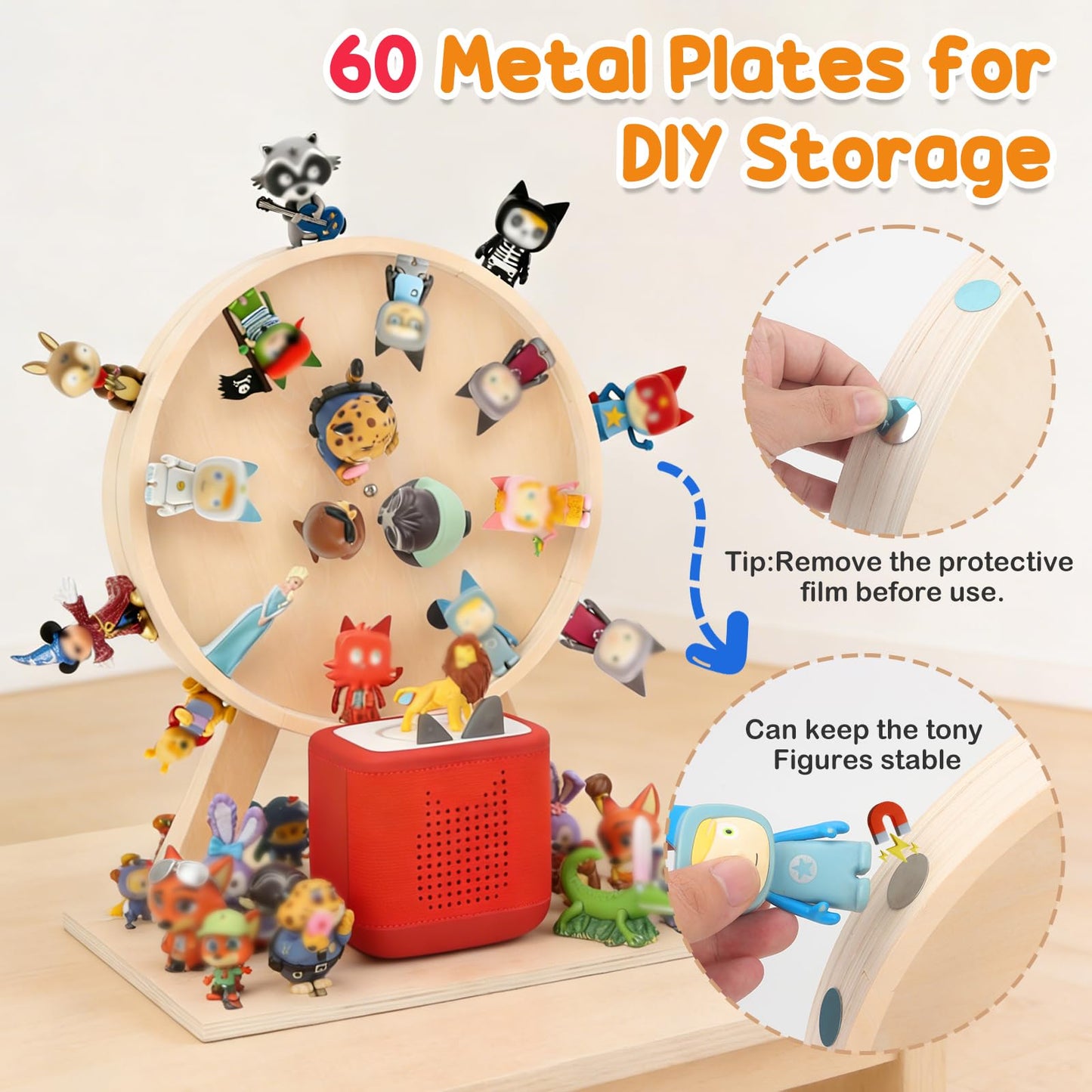 Taladad DIY Ferris Wheel Organizer for Tonie Figures, Holds 80+, 360° Rotating Wooden Shelf Compatible with Tonie Box 2&1 Player, Includes 60 Metal Plates for Custom Storage, Kid's Room Decor