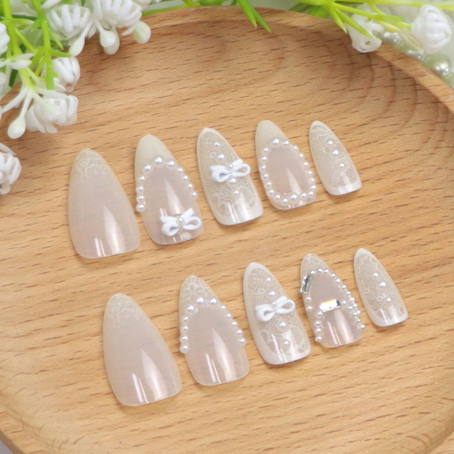 Medium Press on Nails Almond Fake Nails White Translucent Nails Press ons with 3D Bow Pearl Rhinestone Flowers Designs Artificial Stick on Nails for Women 24Pcs