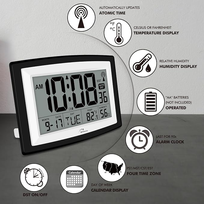 WallarGe 12.5 Inch Atomic Clock with Indoor Temperature and Humidity