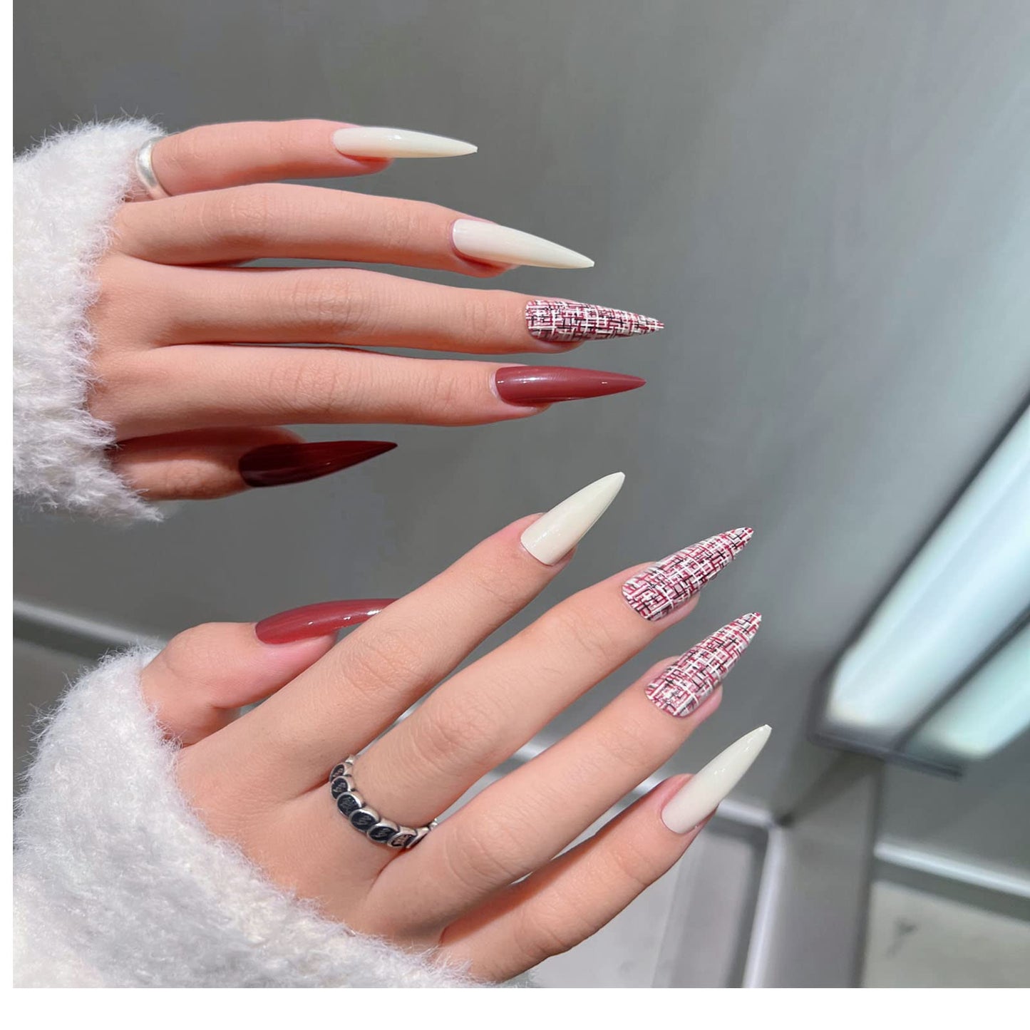 Solid Color Long Pointed Press on Nails, 30 PCS Fashion Glossy False Nails Fake Nails with 3D Embossing Plaid Designs,Full Cover Stick on Nails for Women Girls (Milk White+Red)