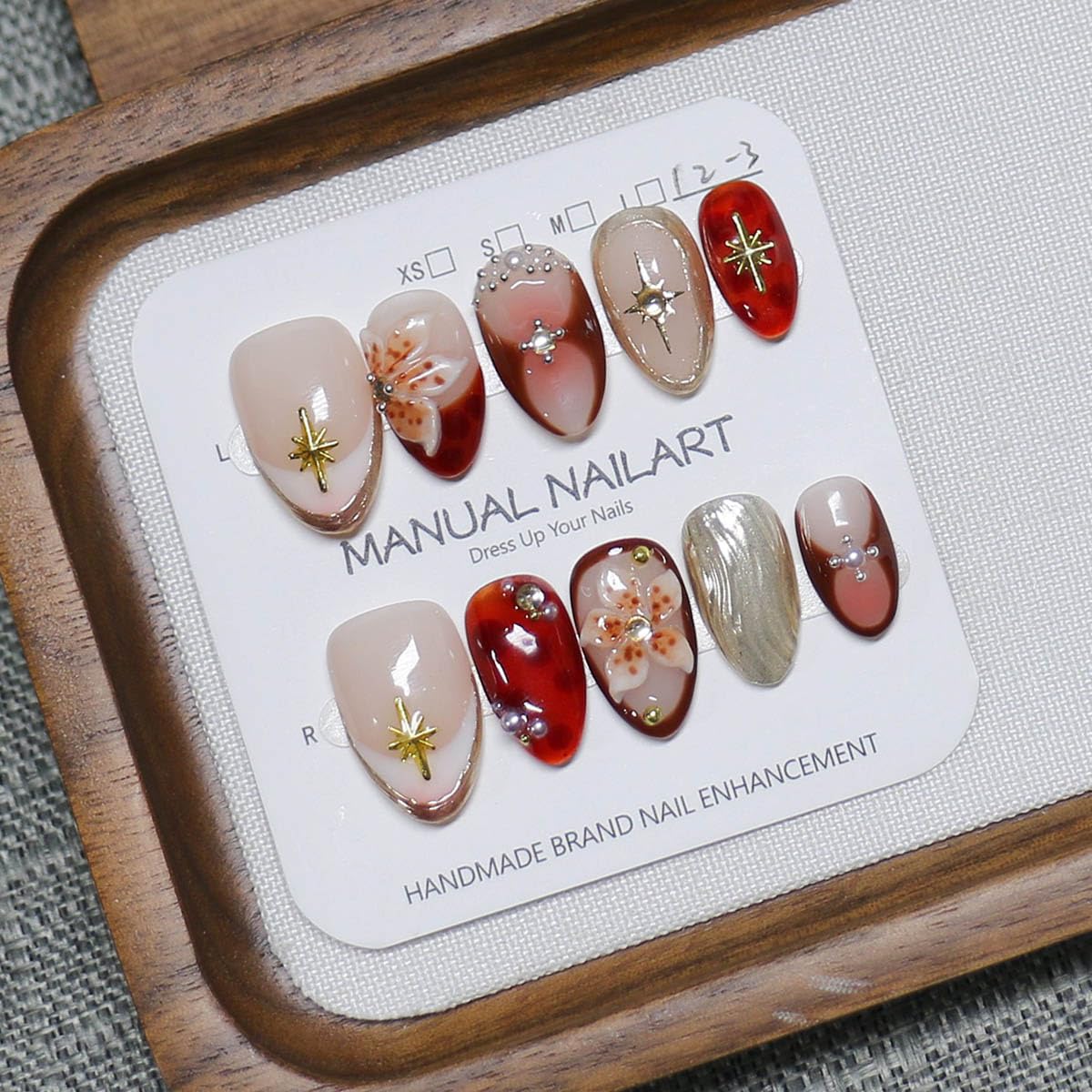 10 Pcs Short Almond Handmade Press On Nails | Amber Gradient with Gold Starburst & 3D Floral Accents | Reusable, Easy to Apply & Remove, Salon-Quality Manicure (RR15, XS)