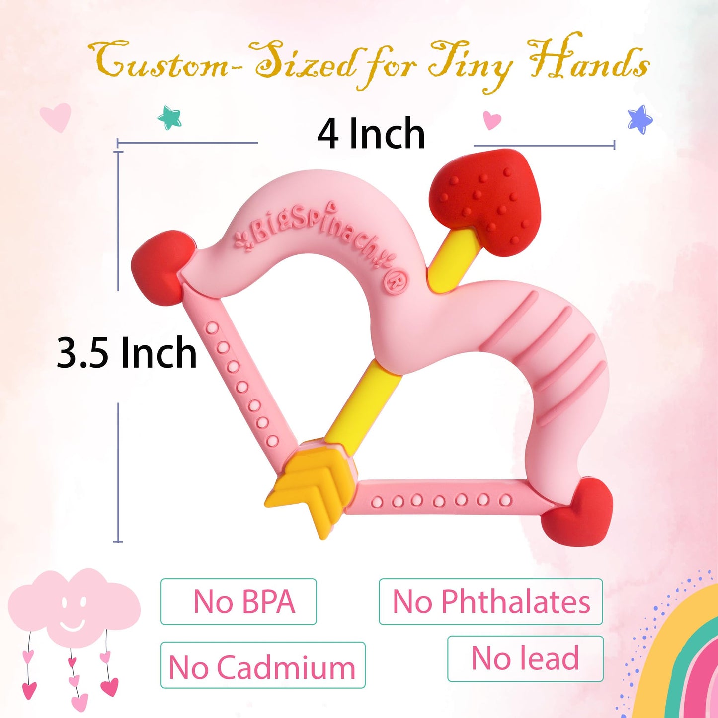 BIGSPINACH Teethers Heart Shape Silicone Baby Teether Toy Easy for Little Hands to Hold,Cupid Bow and Arrow Soft Teething Toy for Infants,Valentine's Gift for Girl or Boy (Pink)