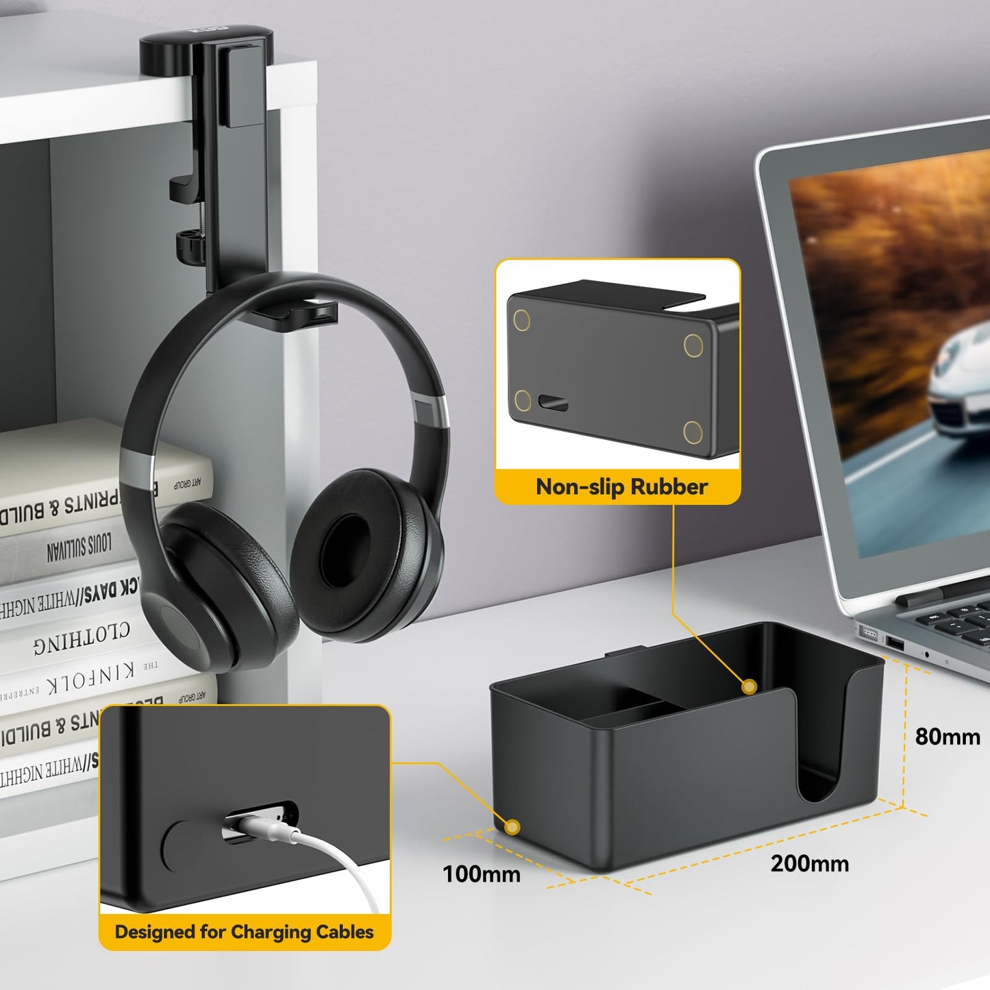 KDD 4 in 1 Desk Cup Holder - Clamp on Under Desk Headphone Hanger - Rotating Headphone Holder Detachable Pen Cup Holder Desktop Storage for Cup, Phone and Pen(Black)