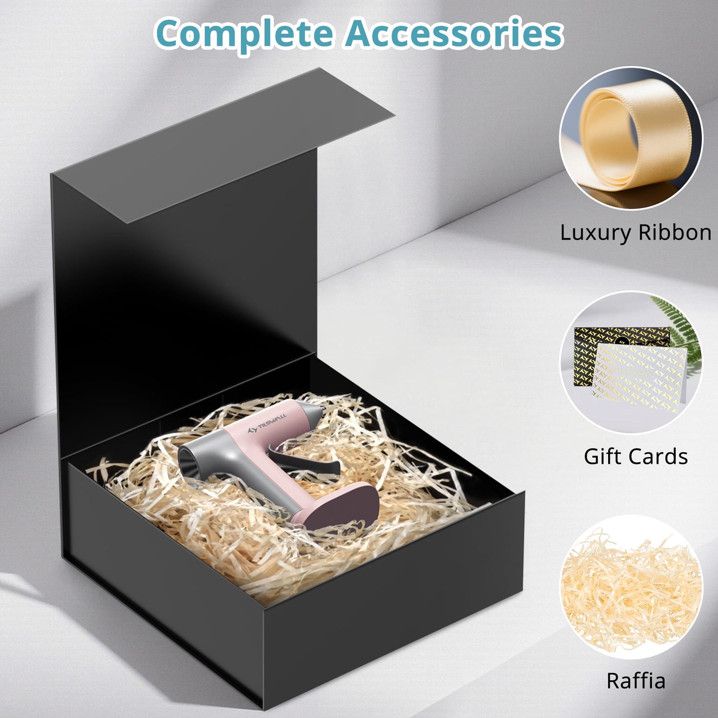 TILSWALL Gift Box 7.5''x7.2''x2.8'' Black Gift Boxes with Magnetic Lids for Presents, Rectangle Collapsible Luxury Gift Box for Proposal, Wedding, Christmas, Birthday, Contains Card, Ribbon, Filler