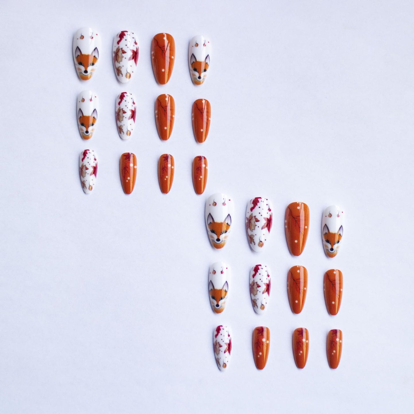 Almond Press on Nails Fall Medium Fake Nails with Cute Fox Designs Brown Maple Leaves False Nail for Women Full Cover Glossy Stick on Autumn Nail 24Pcs