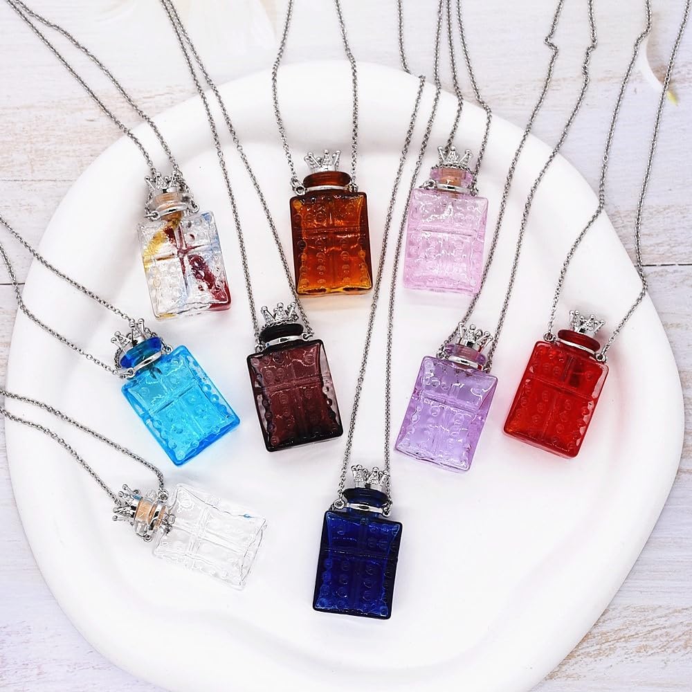 CoolDIY Handcrafted Glaze Glass Square Refillable Essential Oil Necklace Pendant - Aromatherapy Perfume Diffuser Pendant with Stainless Steel Chain (Purple)
