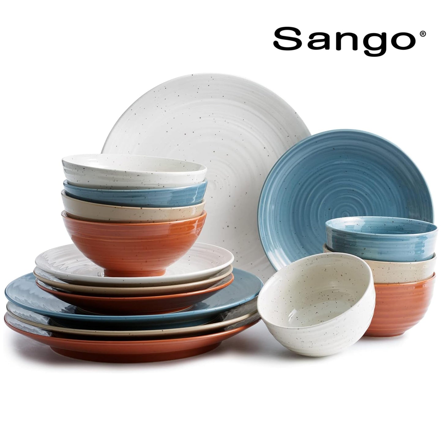 Sango Siterra Painter's Palette 16-Piece Stoneware Dinnerware Set - Service for 4, Ceramic Plates and Bowls Sets, Chip Resistant, Rustic Dishware, Microwave & Dishwasher Safe Kitchen Dishes