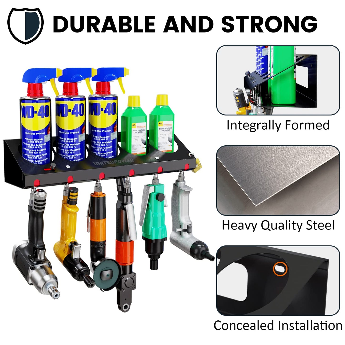 UNITEDPOWER Pneumatic Tool Holder Lockable/Aerosol Rack Combo, Wall Mounted Spray Can Bottle Holder, Air tool organizer, for Garage and Workspace, 5 Cans and 6 slots