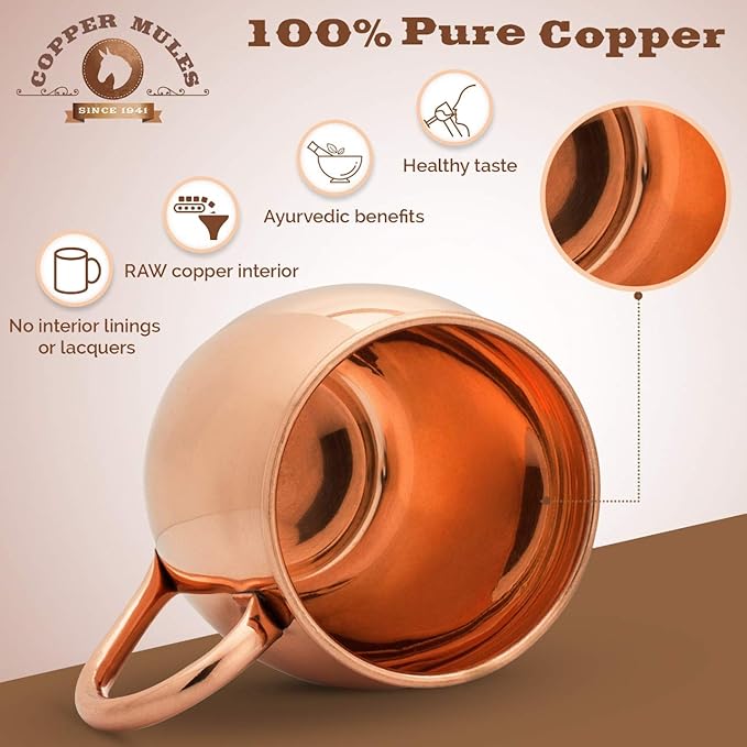 Copper Mules Moscow Mule Mug Handcrafted of 100% Pure THICK Copper - Timeless Barrel Smooth Finish - RAW Copper Interior - Authentic and Strong Riveted Handle - Holds 16oz