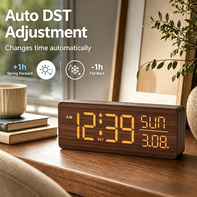 Peakeep Wooden Digital Alarm Clock Large Display, Textured Decoration