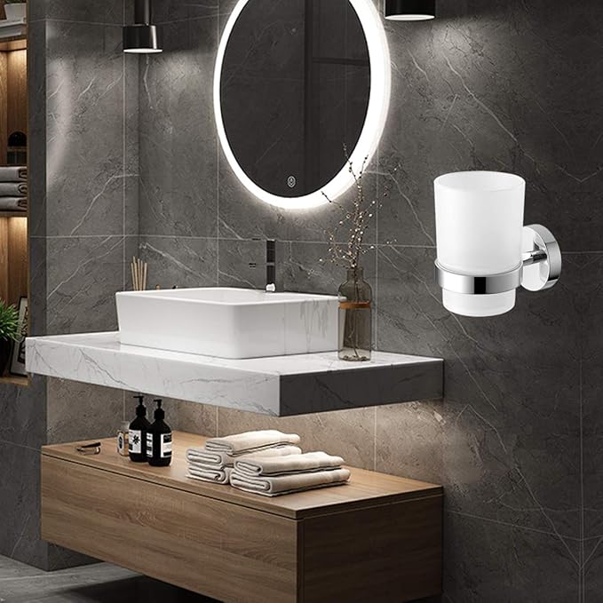 Toothbrush Holder Wall Mounted with Satined Cup with Chrome-Plated Holder,Metal Stainless Steel