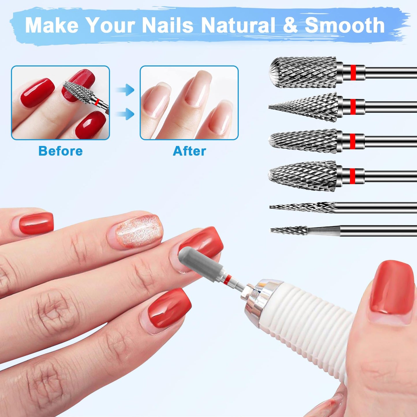 Diesisa 6 Pack Nail Drill Bits for Acrylic Nails, 3/32"" Shank Drill Bits for Nails, Professional Electric Cuticle Bit for Nail Drill, Cuticle Cleaner Nail Gel Polish Remover Tool for Home Salon-Red