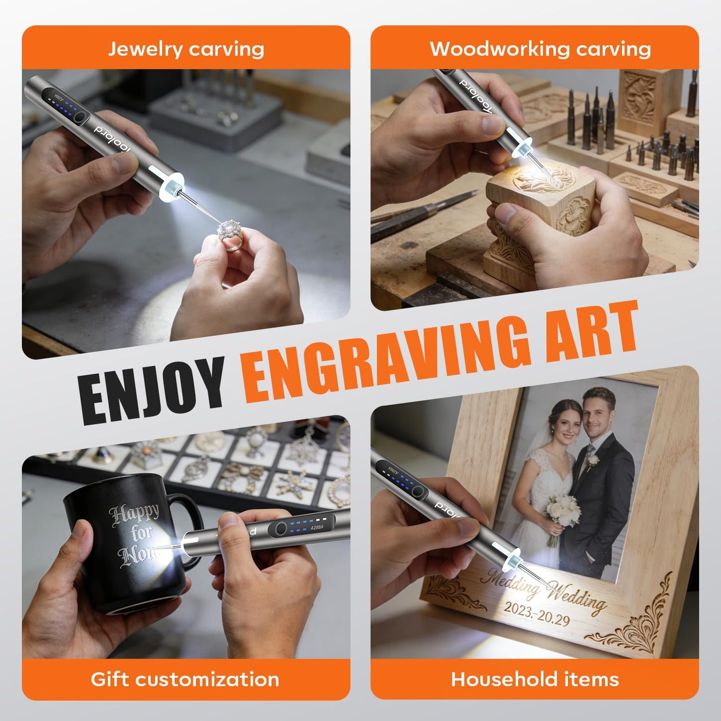 Engraving Pen with LED Light,HollowCup Motor,Cordless USB Rechargeable Rotary Tool for Metal,Wood,Glass and Plastic,DIY Engraving Kit with 30 Bits,Silver