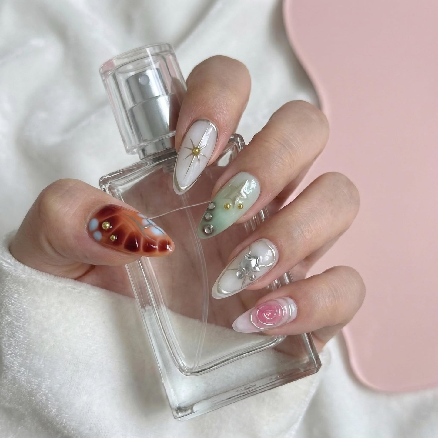 10Pcs Medium Almond Handmade Press On Nails | Easy Apply & Remove, Reusable Salon Quality Nails | Y2K Punk Multicolor Fake Nails with 3D Floral, Star & Gold Bead Accents(5U01, XS)