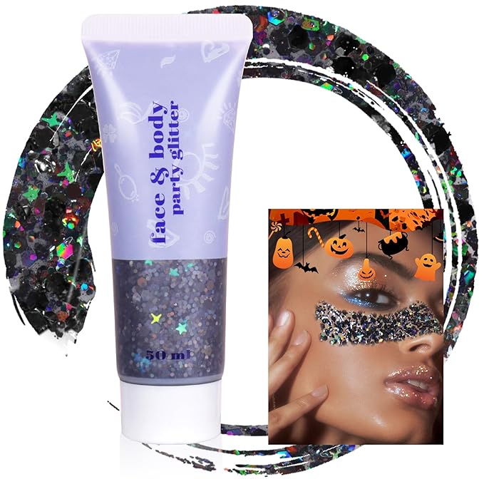 Boko 50ML Body Glitter Gel, Black Halloween Chunky Glitter Gel for Face Hair Body Sparkle Makeup, Witch Clown Glitter Mermaid Face Sequins for Halloween Concert Party Event Rave Accessories