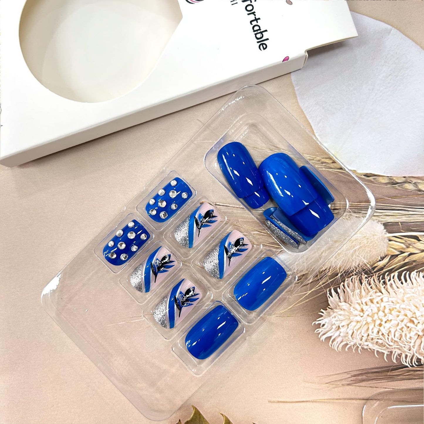 Blue Flower False Nails Rhinestones Fake Nails Silver Stripe Design French Stick on Nails Full Cover Artificial Coffin Nails Glitter Square Nails Press on Nails with Design Glue on Nails for Women