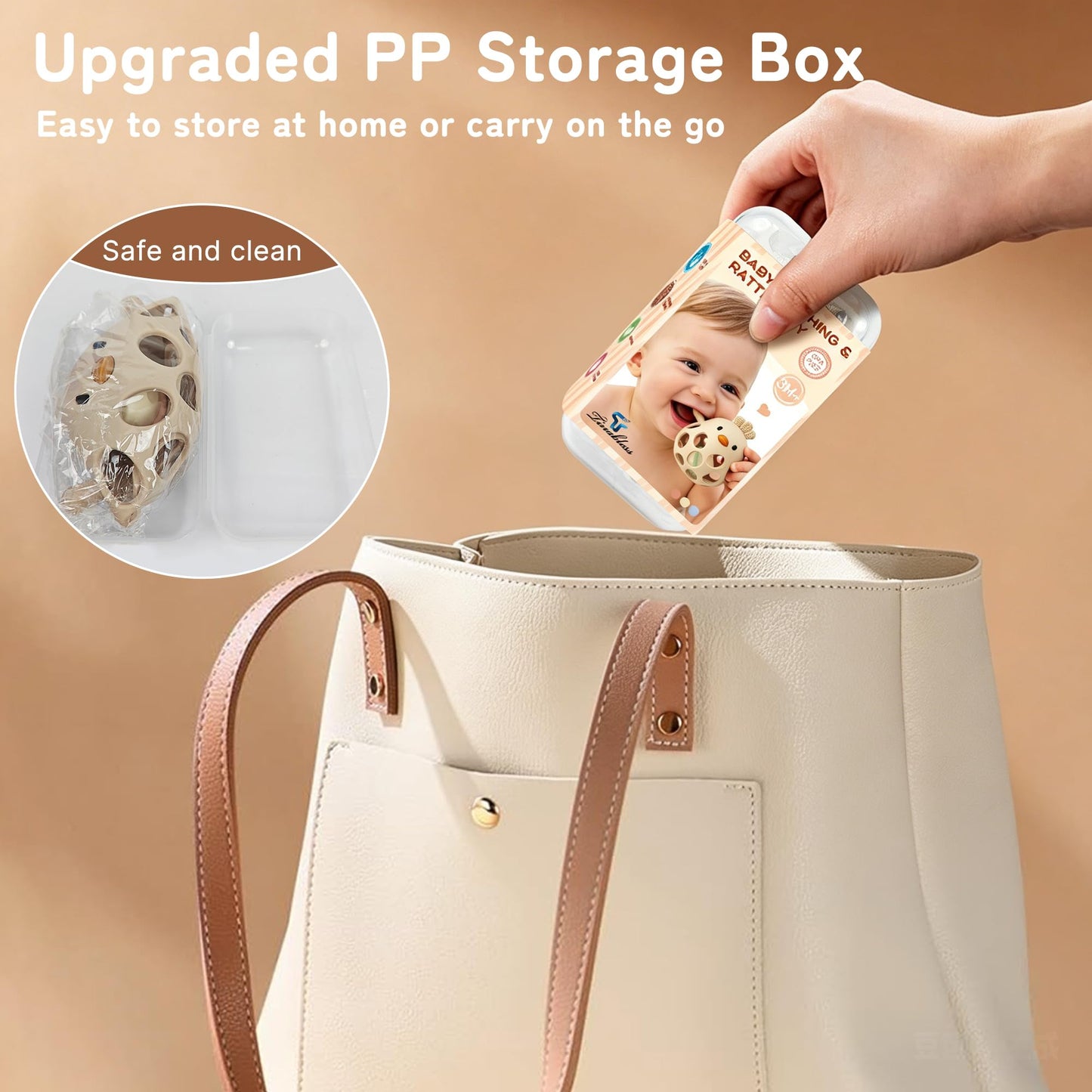 Tinabless 2-in-1 Baby Teether Rattle Toy, Easy Grip Silicone Teething Toy for Babies 3-12 Months, BPA-Free Sensory Chew Toy for Sore Gums, Infant Shower Gift (Beige w/Rattle)