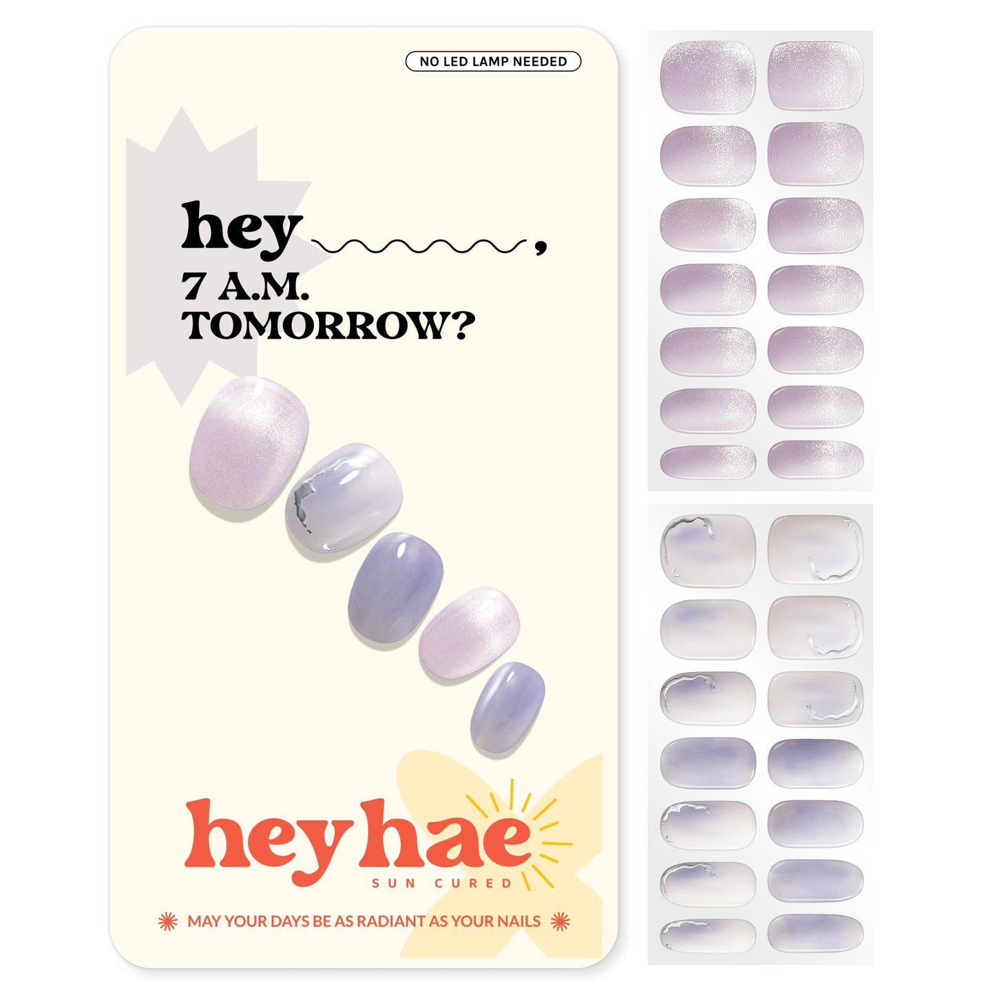 Heyhae Semi Cured Gel Nail Strips | No LED Lamp Needed | Glitter, Purple, Spring | Easy Apply & Remove, Salon Quality |Includes 28 Strips, 1 Prep Pads, Nail File & Wooden stick - Hey, 7 A.M. Tomorrow?