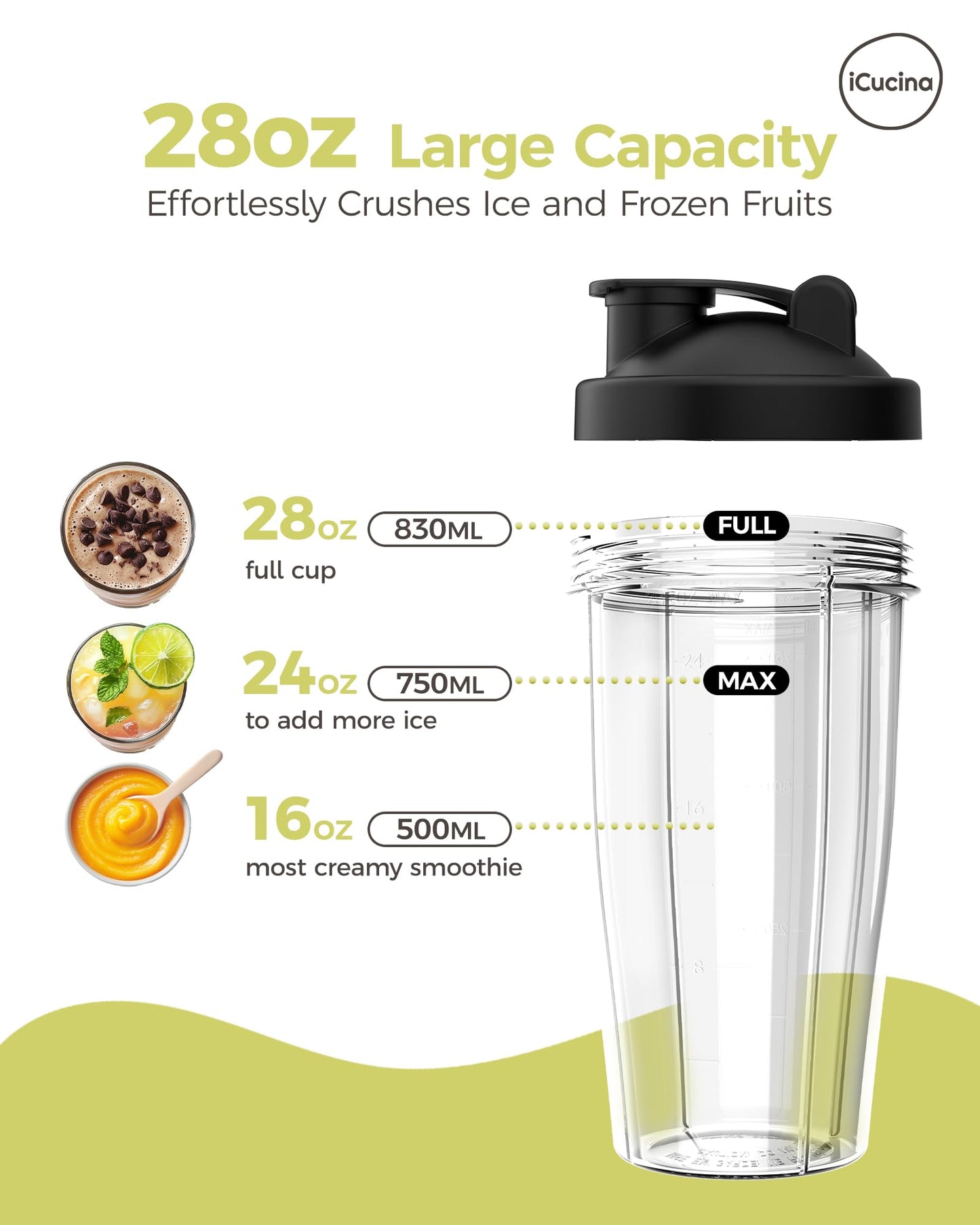 ICUCINA - 28 Oz Blender Cup Replacement with To-Go Lids, Cups for Protein Shakes, BPA Free Smoothie Cups (Pack of 2)