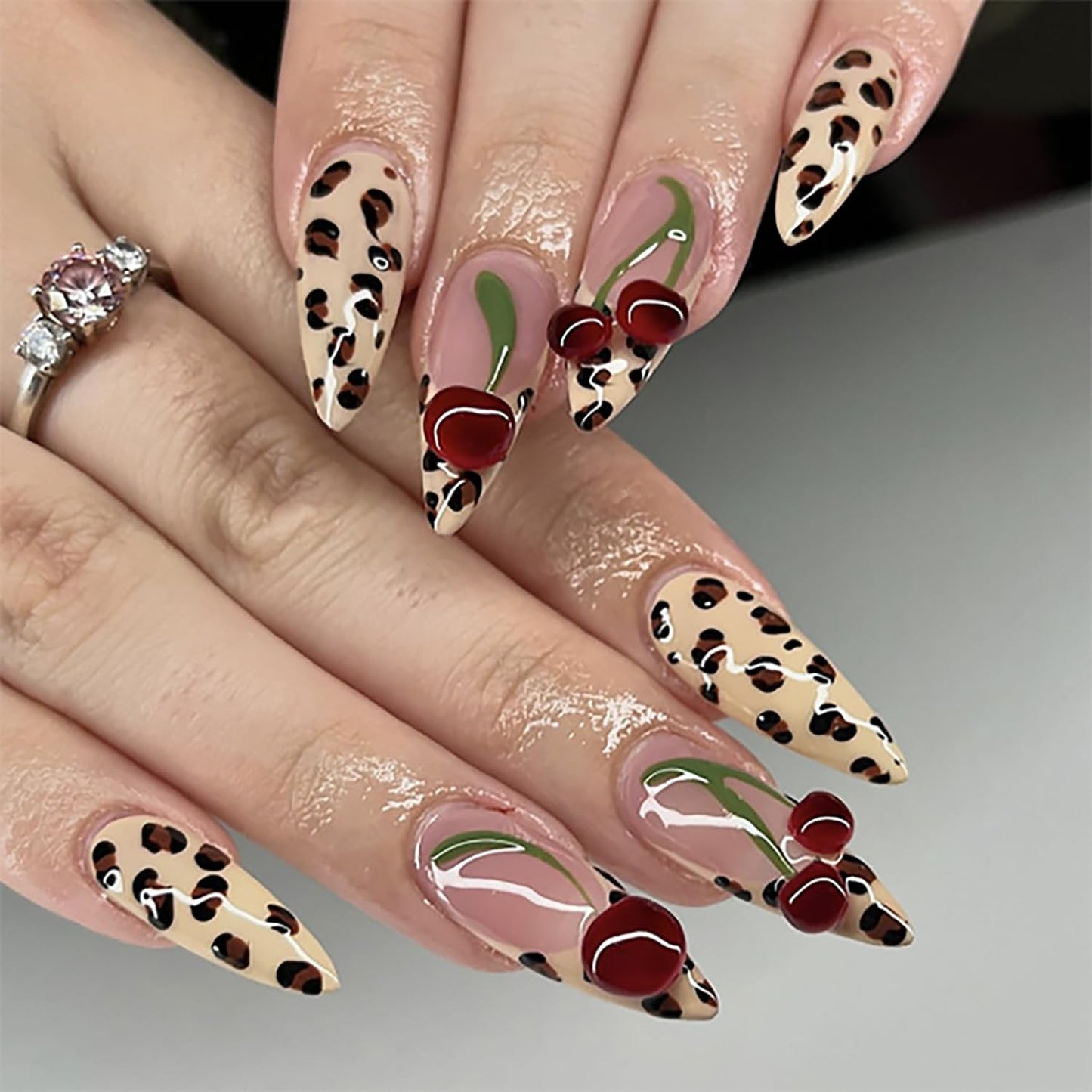 CJDLTS Leopard Almond French Tip Press on Nails Long Length 3D Cherry Fruit Design Full Cover Artificial False Nail Press Ons Fingernails Acrylic Nail Reusable Glue on Nails for Women 24Pcs