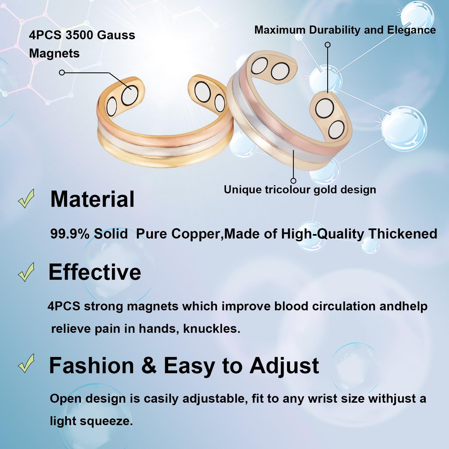 EnerMagiX Copper Rings for Women, 99% Pure Copper Adjustable Tricolour Gold Set Magnetic Ring Jewelry