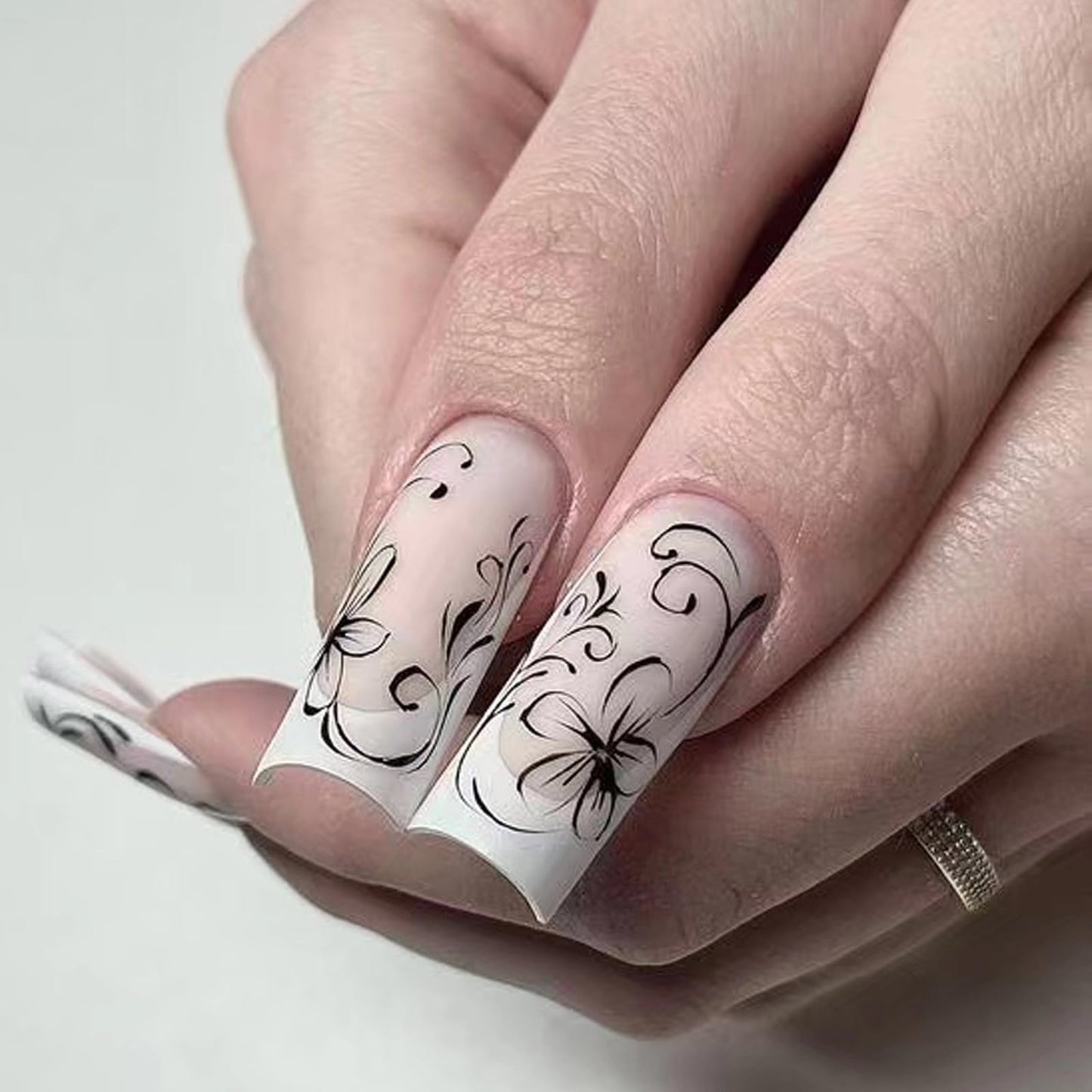 MISUD Press on Nails - Long Square Fake Nails with Matte White French Tip, Acrylic Black Flower Design 24 pcs