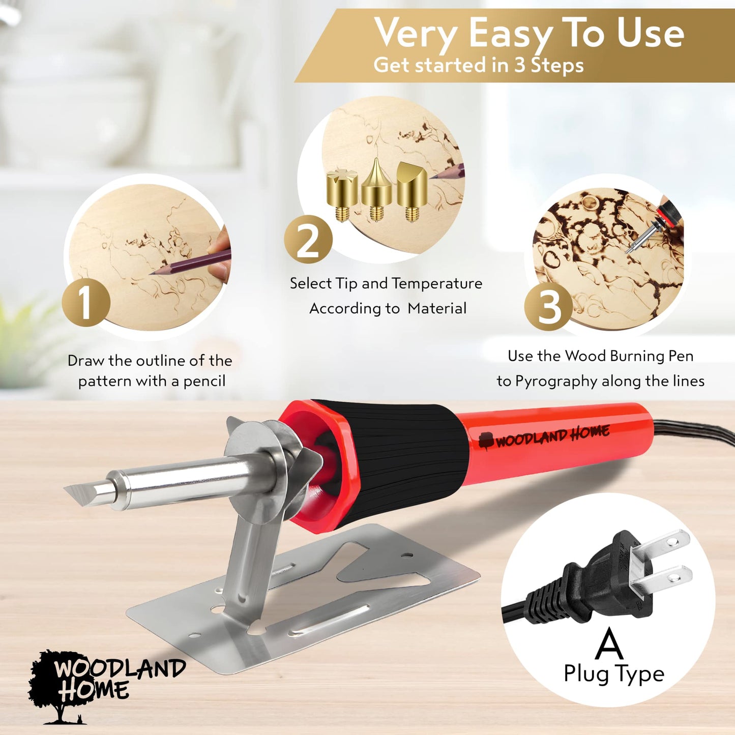 Woodland Home Professional Wood Burning Kit with Letters - Pyrography Pen Fully Adjustable Temperature With safety Stand - 27 Tips with Cutting Blade, Stencils and Deluxe Case