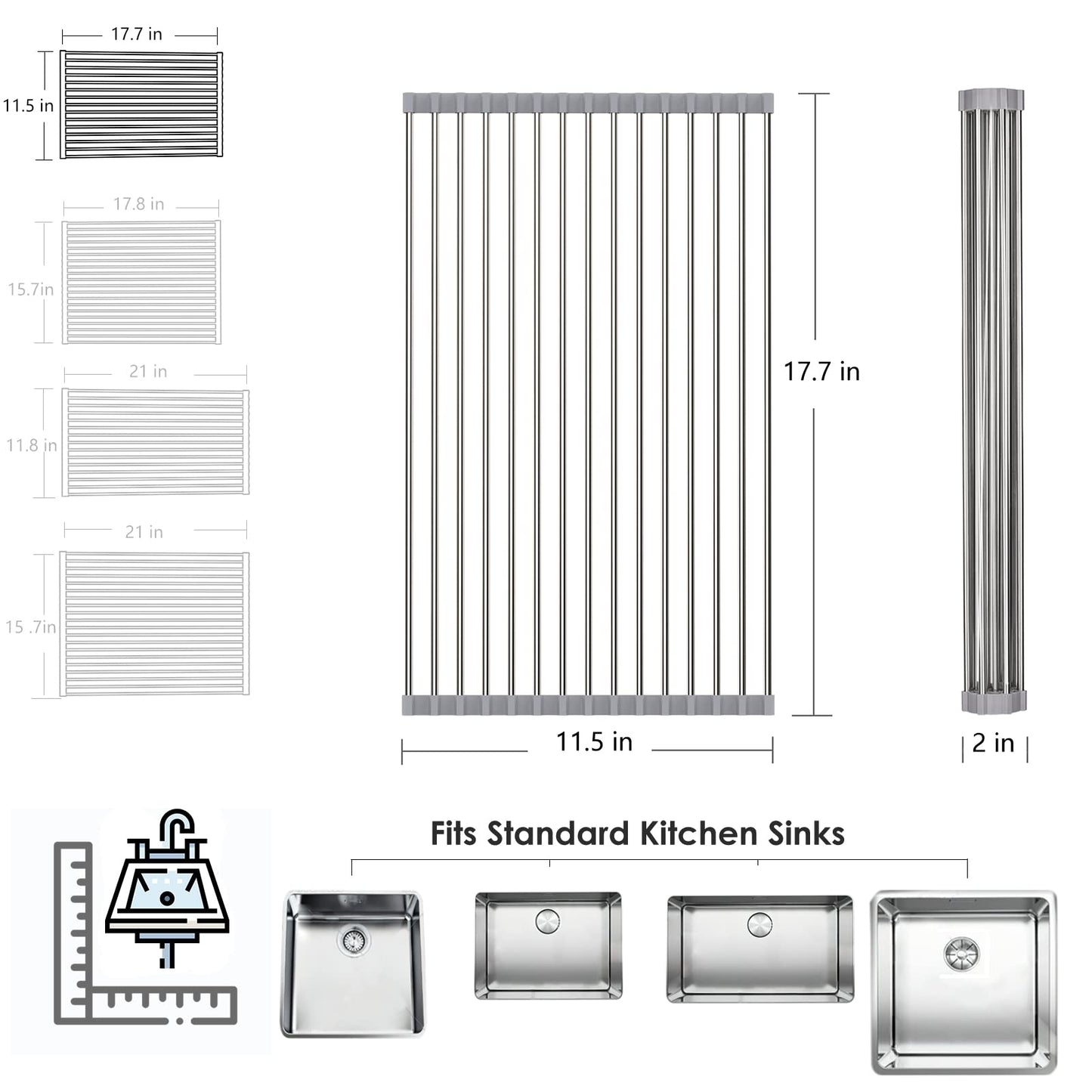 Tomorotec Roll Up Dish Drying Rack, Over The Sink Dish Drying Rack, Portable Stainless Steel Rolling Rack Multipurpose Kitchen Drainer Caddy Organizer Storage Shelf Holder, Gray