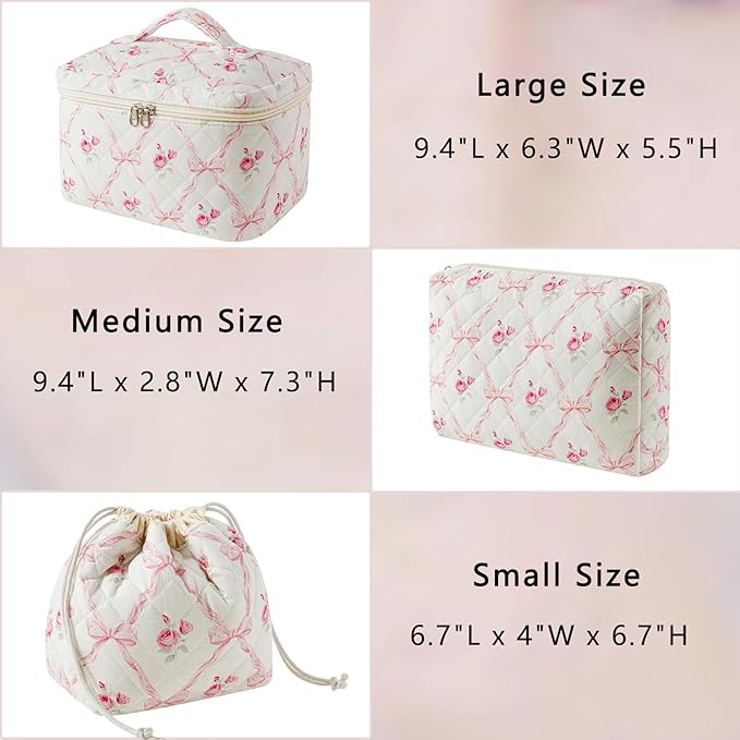 3Pcs Aesthetic Cotton Quilted Drawstring Makeup Bag Set, Aesthetic Cute Bow Makeup Pouch for Girls and Women, Aesthetic Travel Organized Cosmetic Bags for Purse(02Pink Flower Bow)