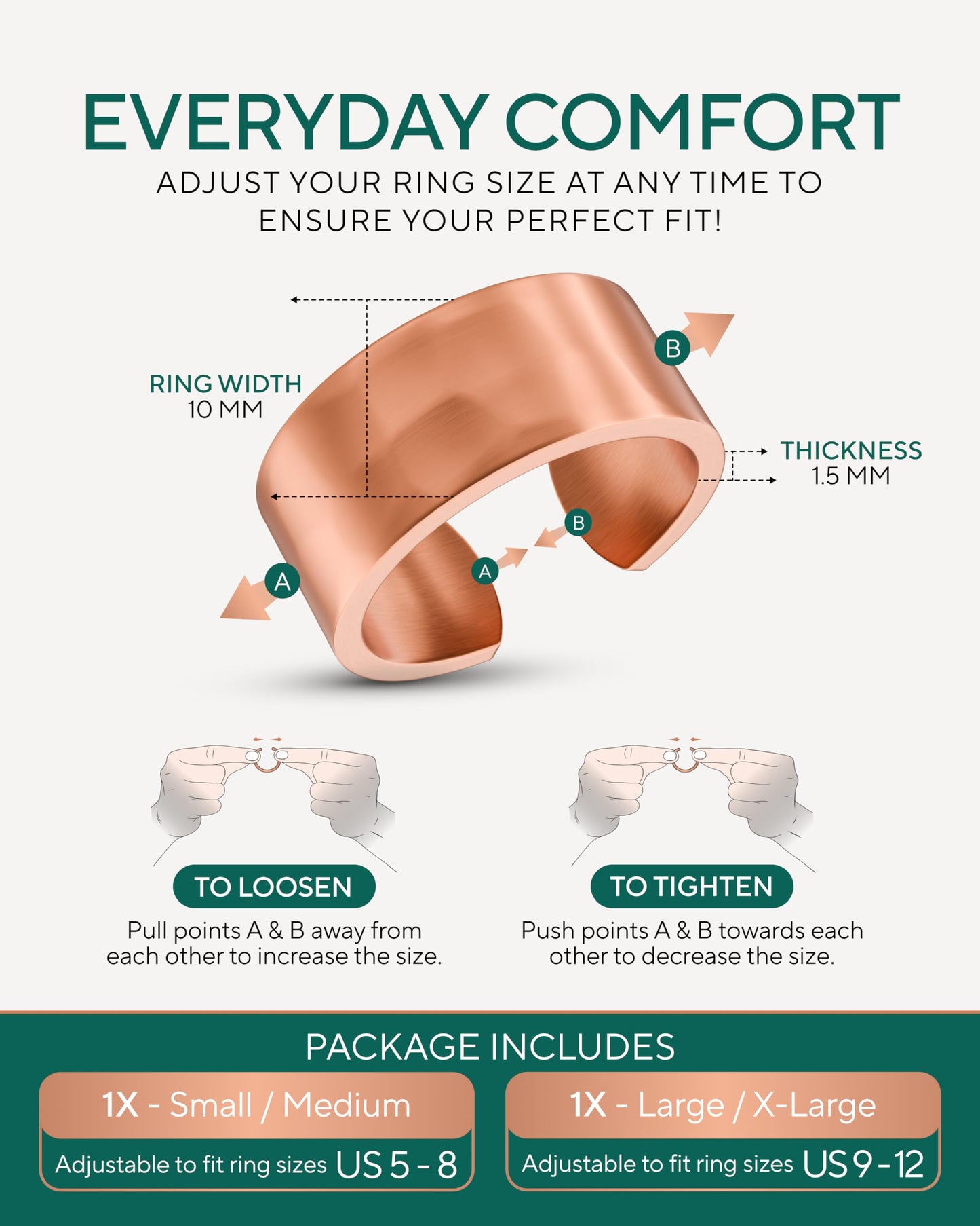 TheraCopper Pure Copper Rings for Women (2-Pack) — 100% Pure Copper Ring — Raw, Solid & Uncoated Authentic Handmade Open-End Adjustable Ayurvedic Jewelry Rings (10mm Hammered)